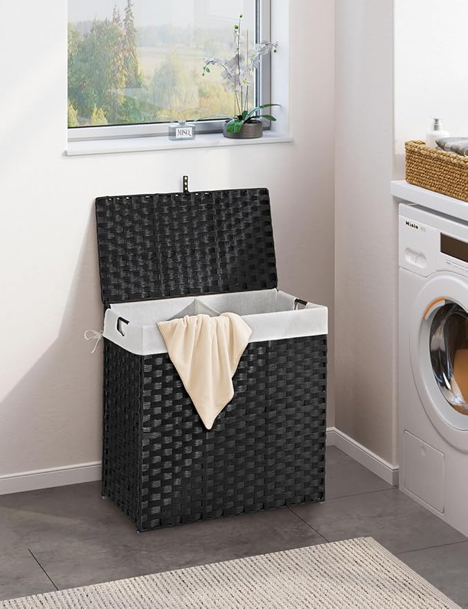 Greenstell Laundry Hamper with lid, No Install Needed, 110L Wicker Laundry Baskets Foldable 2 Removable Liner Bags, 2 Section Clothes Hamper Handwoven Rattan Laundry Basket with Handle, Black