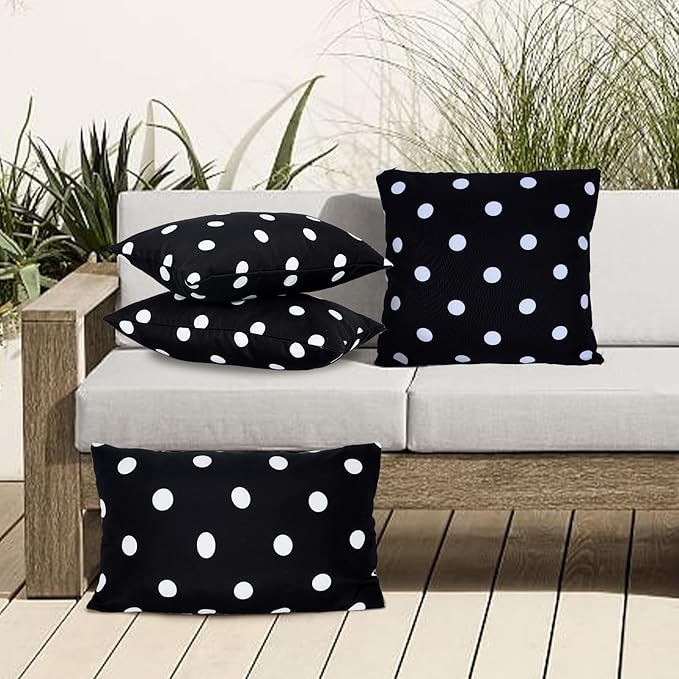 Eternal Beauty Set of 2 Outdoor Decorative Pillow Covers Waterproof Outdoor Pillow Covers for Spring Summer Patio Lumbar Pillows, Black Polka Dot, 12X20 inches