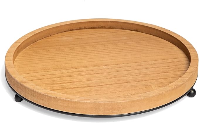GENMOUS Round Wooden Tray for Coffee Table, Decorative Tray with Iron Bead for Home Decor, Candle Tray Rustic Farmhouse Trays Centerpiece for Living Room Decor, Kitchen Counter Table Dining Decor