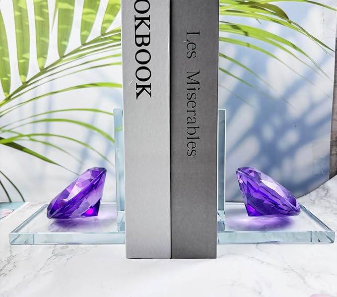 Crystal Bookends Decorative Glass Book Holders Heavy Duty Book Ends with Diamond for Shelf Decor Unique Book Stopper Purple