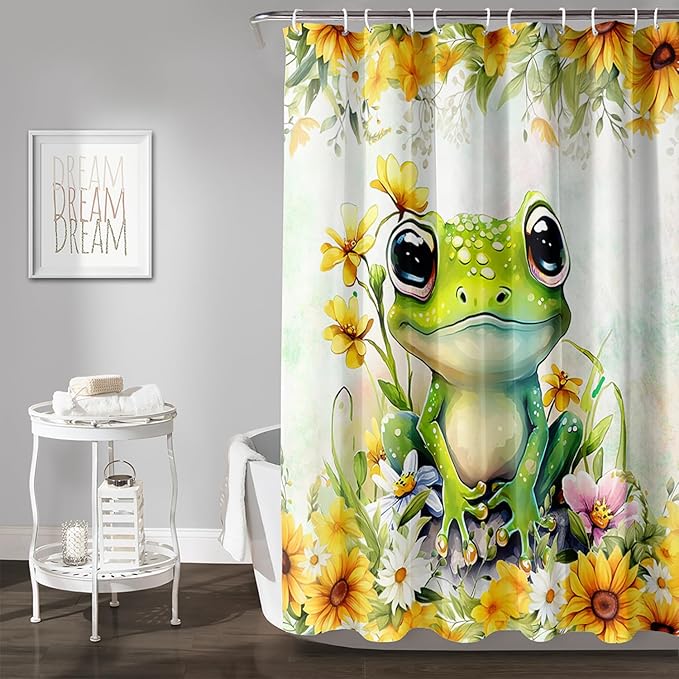 AILONEN Green Frog Shower Curtain,Cute Cartoon Frog Waterproof Fabric Shower Curtain for Bathroom,Beautiful Sunflower Kawaii Tree Frog Shower Curtain Set with Hooks for Kids Boys Girls,60" W*72" H
