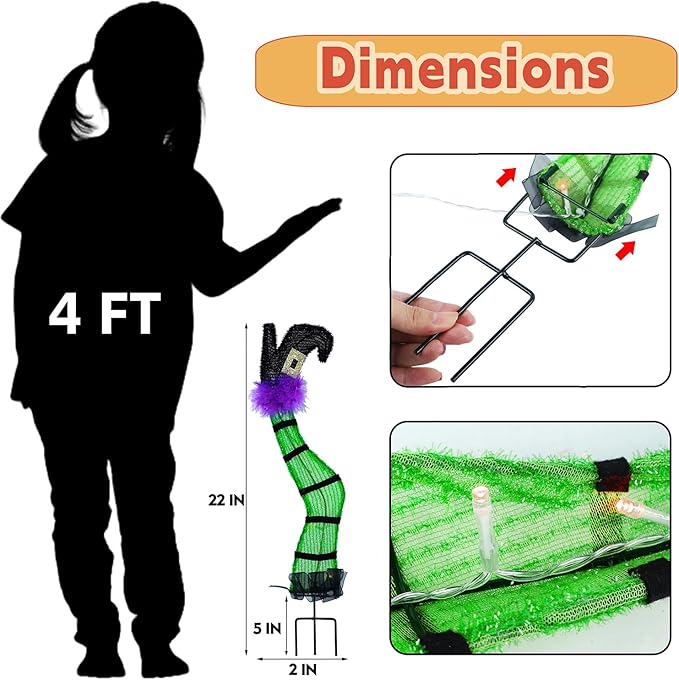 Juegoal Set of 2 Halloween Lighted Wicked Witch Legs with Stakes, 22" Light Up Tinsel Witch Prop, Halloween Yard Signs Timer & 8 Modes, Battery Operated for Outdoor Party Haunted House Garden Decor