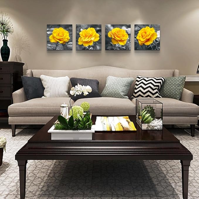 Canvas Wall Art For Living Room Family Wall Decor For Bedroom Modern Kitchen Wall Decorations Black And White Wall Pictures Artwork Yellow Rose Flowers Canvas Art Prints Large Size Home Decor 4 Piece