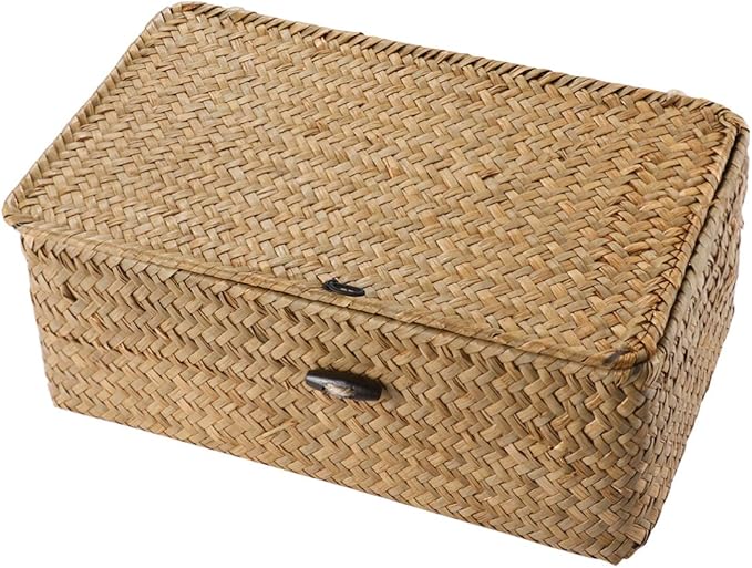 IMIKEYA Seaweed Baskets with Lids: Woven Baskets Seagrass Storage Woven Basket Straw Desktop Rattan Storage Basket Hand-Woven Storage Basket Organizer for Shelf Desktop Home Decor