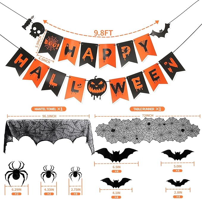 Indoor/Outdoor Halloween Decor Set - Mantel Scarf, Spider Table Runner, 3D Bats & Spiders, Happy Halloween Banner