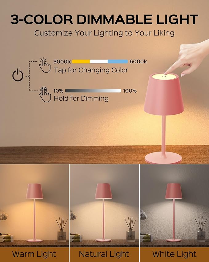 JACKYLED Cordless Table Lamps Rechargeable, 3 Adjustable Height, 5000mAh Battery Operated, 3 Colors Smooth Dimming, Portable LED Waterproof Table Lamp for Dining, Bedroom, Outdoor (2 Pack-Girly Pink)