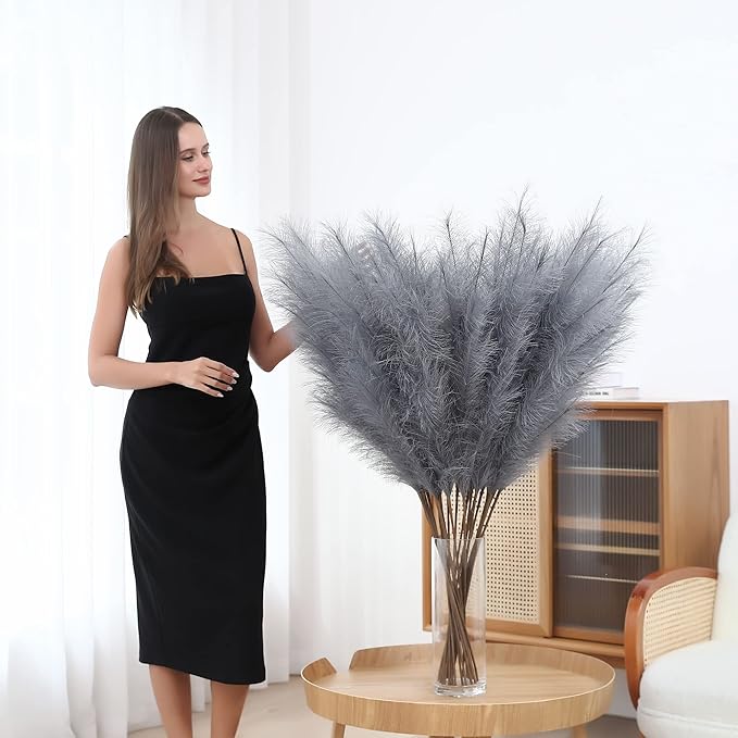 8 Pcs 45 inch Tall Faux Pampas Grass Decor, Large Artificial Grey Pompous Grass Bulk, Long Fake Pompas for Floor Vase Filler, Wedding, Baby Shower, Home and Boho Decor (Grey)