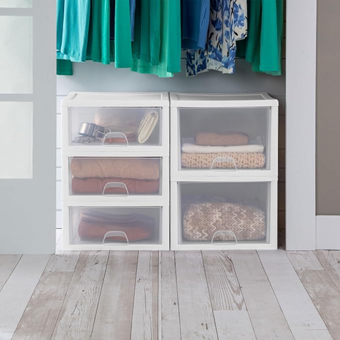 Sterilite 4-Pack 27 Quart Stacking Drawer, Clear Storage Closet Organizer, White Frame - Stackable Modular Plastic Drawers for Clothes, Accessories, Craft Supplies, Shoes or Linens