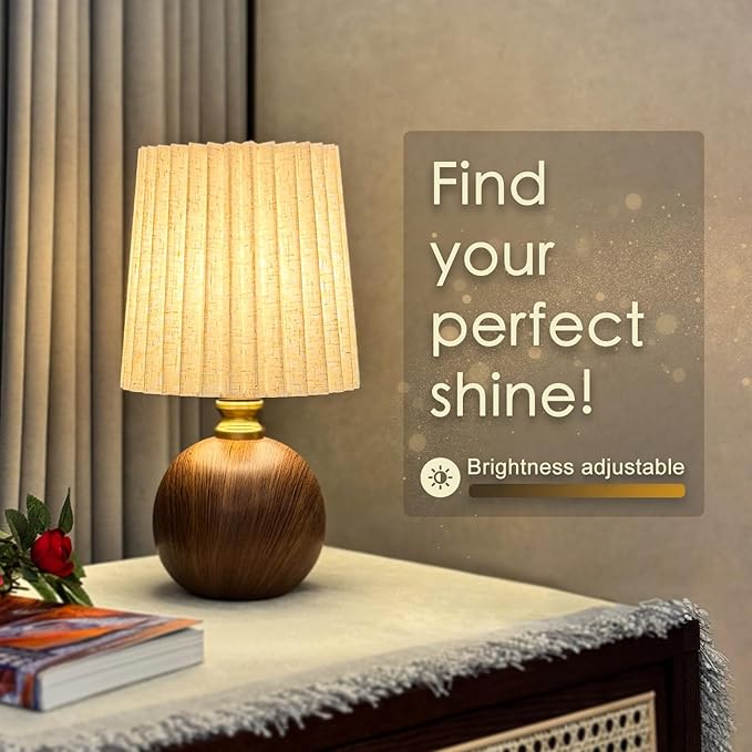 Small Pleated Table Lamp for Bedroom, Bedside Lamps for Nightstand, Dimmable Desk Lamp Ceramic Wood Grain Base Round Flaxen Fabric Shade for Living Room, Kids Room, LED Bulb Included (Modern)