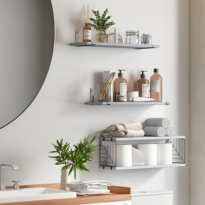 Fixwal 3+1 Tier Bathroom Floating Shelves Over Toilet, 15.8in Farmhouse Rustic Wood Shelves, Wall Decor for Bathroom, Living Room,Bedroom and Kitchen (Gray)