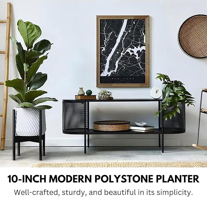 Fox & Fern 10 Inch Plant Pot with Drainage Plug — Premium Polystone White Plant Pot; Modern Planter with 3D Texture and Ceramic Finish; 10 Inch Pots for Plants Indoor & Outdoor