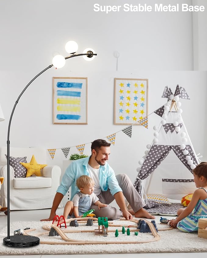 Lightdot 3 Globe Arc Floor Lamp - Contemporary Black Arc Lamp with Shatterproof Shade, LED Bulbs Included for Living Room, Bedroom & Home Office
