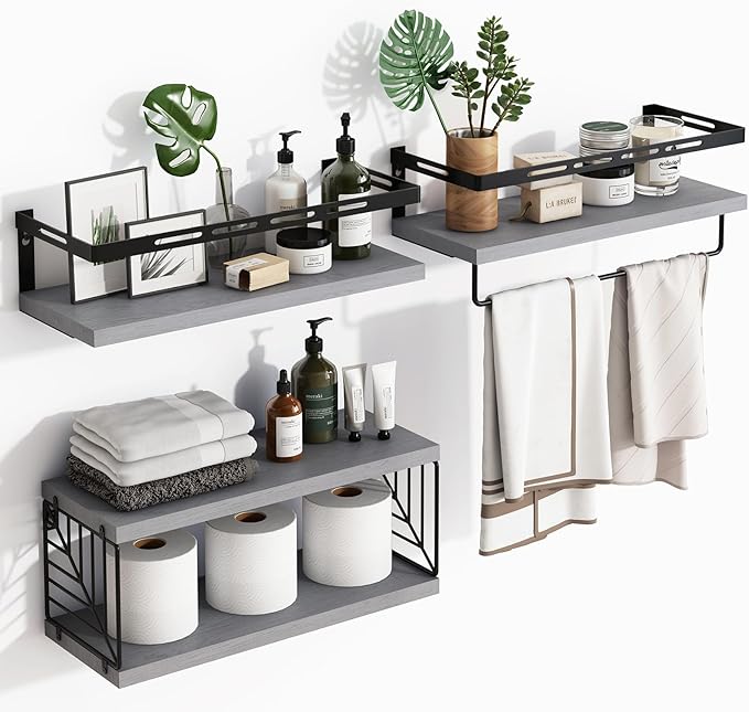 Fixwal 3+1 Tier Wall Mounted Bathroom Shelves Over Toilet, Rustic Wood Floating Shelves with Metal Frame and Towel Bar for Bathroom, Kitchen, Bedroom, Living Room (Gray)