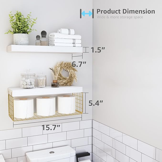 QEEIG Bathroom Shelves Over Toilet - Wall Mounted Floating Shelves Toilet Paper Storage Small Modern Decor Shelf 16 inch Set of 2, White and Gold (019-WG2)