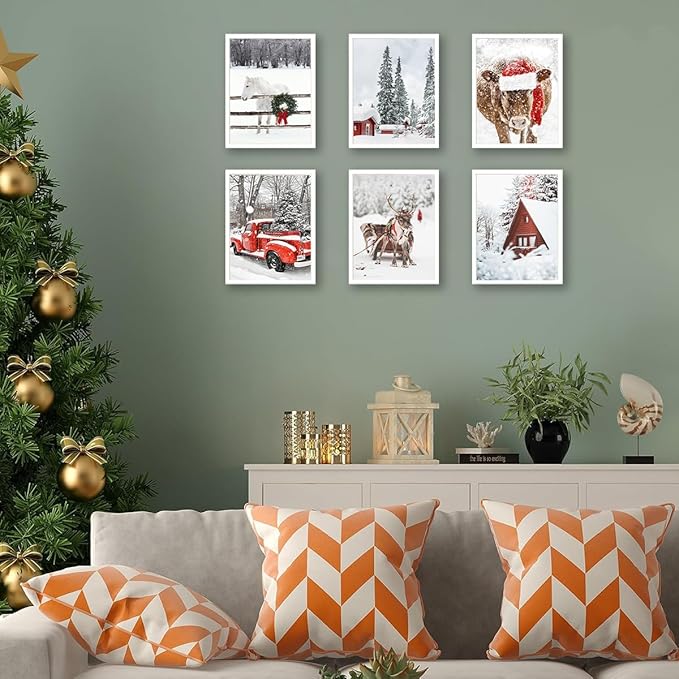 Quzenu Christmas Wall Art Elk Horse Bull Christmas Wall Decor Canvas Prints For Living Room Decor Scandinavian Natural Posters Reindeer Pine Forest Farmhouse Wall Decor