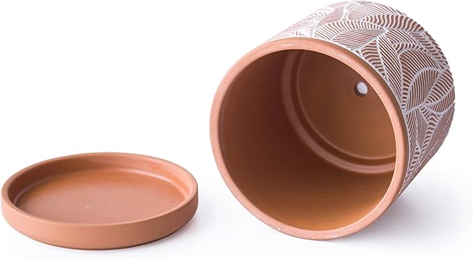 D'vine Dev Set of 2 Terracotta Pots, Leaves Pattern Planter Pot, 4 Inch and 6 Inch, Pot with Drainage Hole and Saucer, Terracotta/White, 31-958-I-1