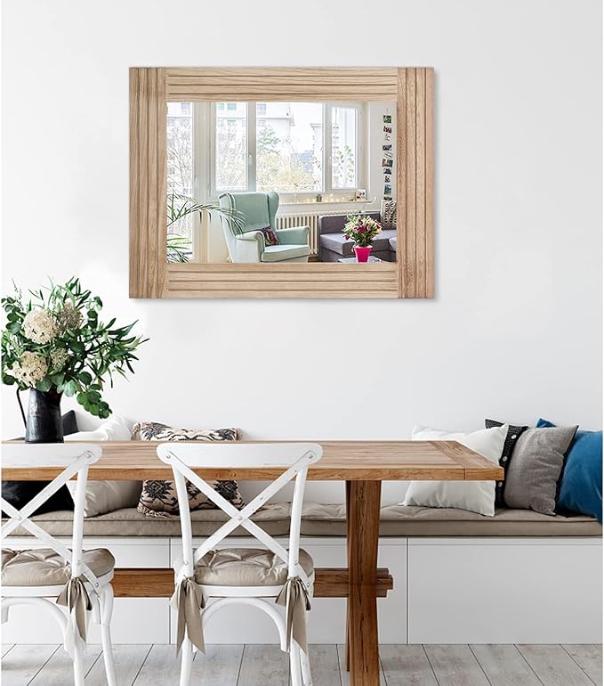 Rectangle Mirror Retro Wooden Wall-Mounted Mirrors Farmhouse Bedroom Bathroom Vanity Entrance Decorative Antique Hanging Mirror Large 26"x18"