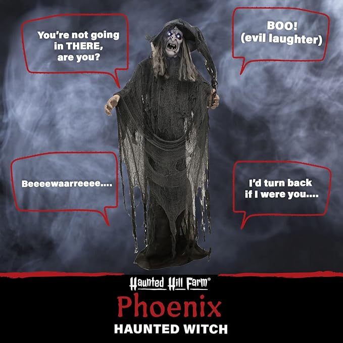 Haunted Hill Farm Life-Size Animatronic Scary Talking Witch with Touch Activated Lights and Sound, Indoor or Covered Outdoor Creepy Halloween Decorations for Home or Haunted House, Battery Operated