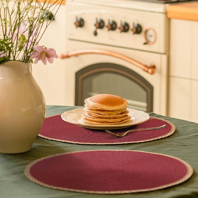 Noctiflorous Round Braided Placemats Set of 4 Table Mats 15 Inches Washable Heat Resistant for Dining Table Non-Slip Indoor Outdoor Place Mats for Thanksgiving Christmas Easter(Red Thin Edge 4)