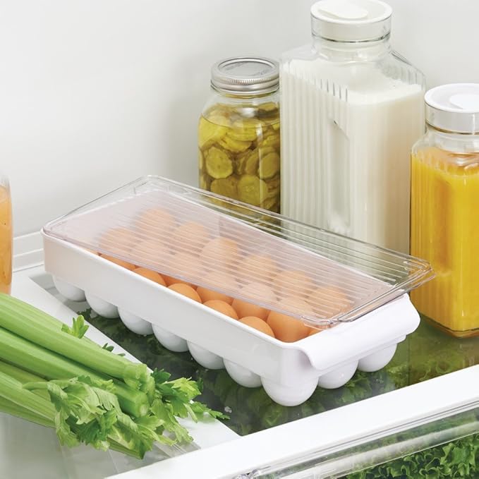 iDesign Plastic Egg Holder with Lid and Handle - Holds 21 Eggs - Clear/White - Made in USA