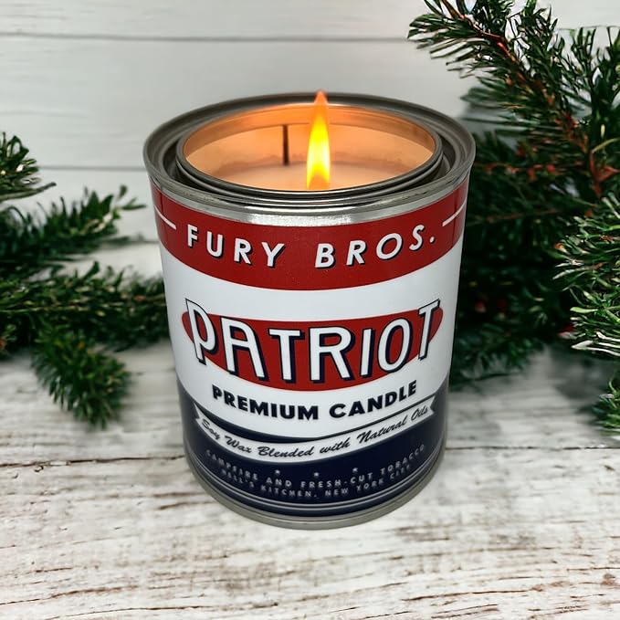 Scented Candles for Men | Patriot | Campfire & Fresh-Cut Tobacco | Natural Soy Wax | Hand-Poured in The USA | Long 70-80 Hour Burn (12.5 oz) | Vintage-Inspired Tin Design | Dad Home Gift