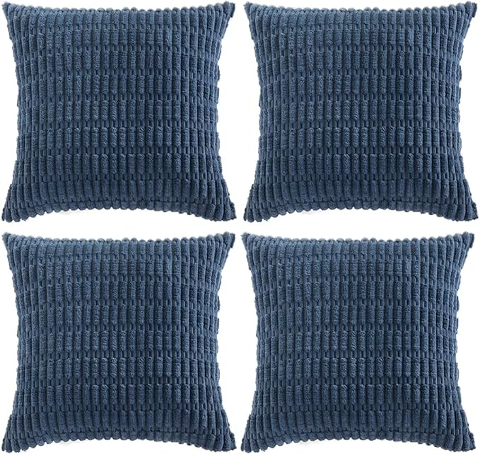 Fancy Homi 4 Packs Dusty Blue Decorative Throw Pillow Covers 22x22 Inch for Living Room Couch Bed Sofa, Rustic Farmhouse Boho Home Decor, Soft Plush Striped Corduroy Square Cushion Case 55x55 cm