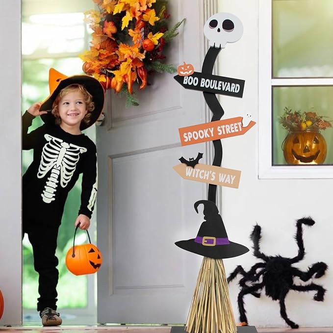 DAZONGE Halloween Decorations -Lighted Wooden Witch’s Broom for Indoor Outdoor Porch Yard Decor - Spooky Light up Halloween Witch Decorations Sign