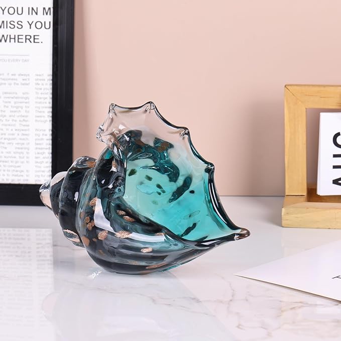 Sea Glass Art Figurines Hand Blown Conch Shell Sculpture, Green Glass Decor Creative Seashell Statue - for Coastal Room Knick Knacks, Home Kitchen Decorations Above Cabinets