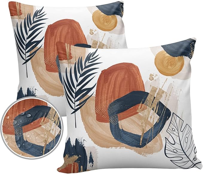 Outdoor Waterproof Throw Pillow Covers Set of 2 Boho Decorative Outdoor Pillows Cushion Case 18x18 Inch Bohemian Patio Pillows for Couch Sofa Bed Garden Office Home Decor Modern Graffiti Leaves