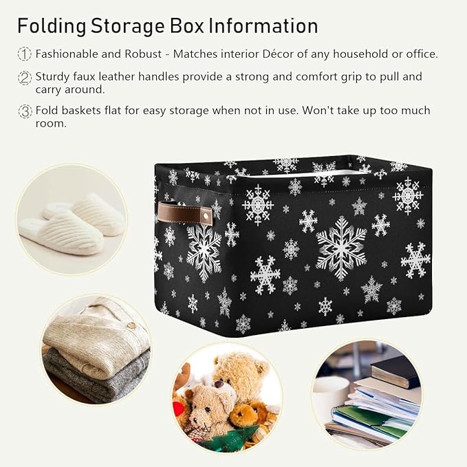 Winter Snowflake Black Storage Basket Fabric Kitchen Baskets Christmas Holiday Open Home Storage Bins Boxes Foldable Organizer Bag for Baby Cloth Xmas Baskets 16×12×8 Inches