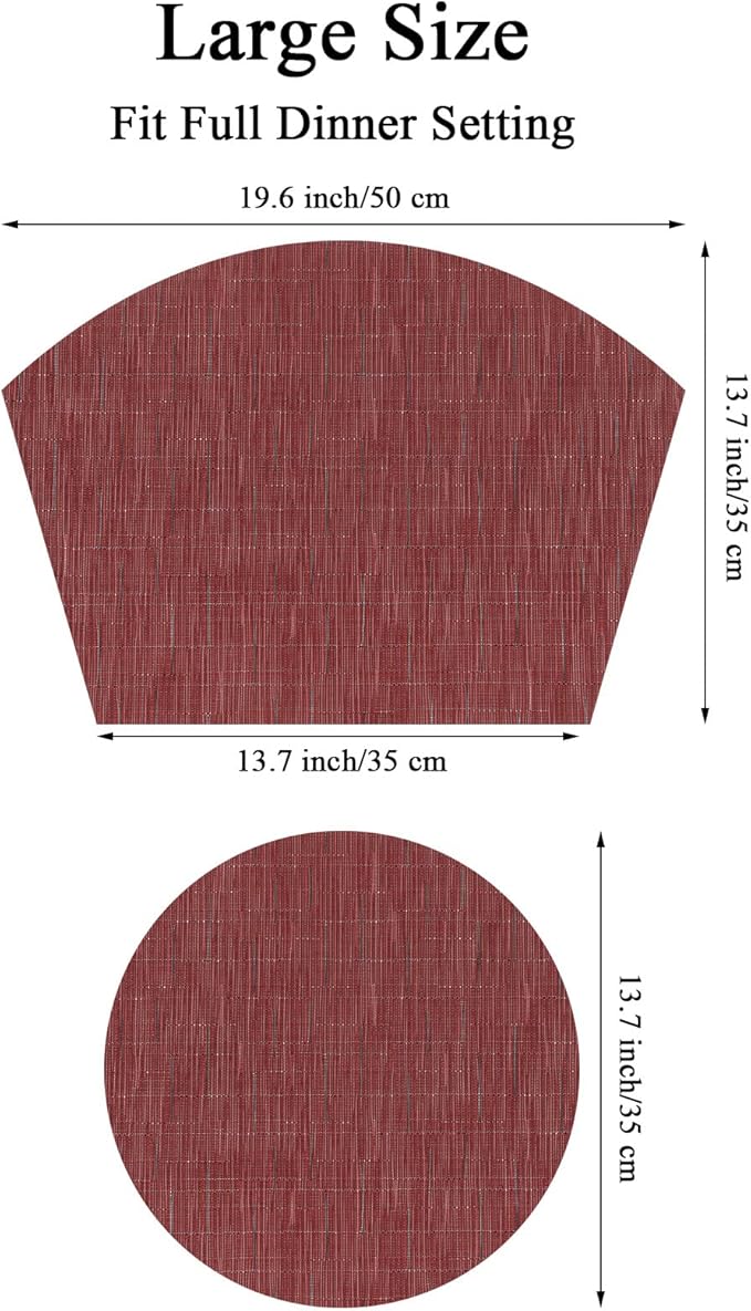 SHACOS Large Size Wedge Placemats with Centerpiece Round Mat Set of 5 Round Table Place Mats Washable Dining Table Placemats Reversible Durable, Burgundy