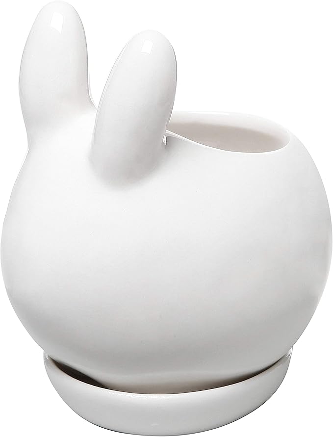MyGift Mini Ceramic Bunny Planter, Decorative Rabbit Design White Small Flower Pot Succulent Planter with Detached Saucer