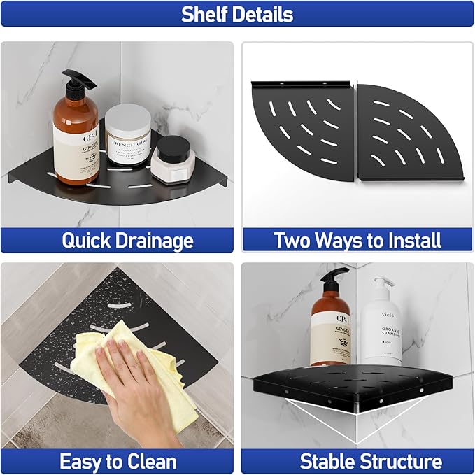 2 Pack Corner Shower Shelves 304 Stainless Steel Matte Black Corner Shower Shelf 8in Shower Shelves Drilling Installation