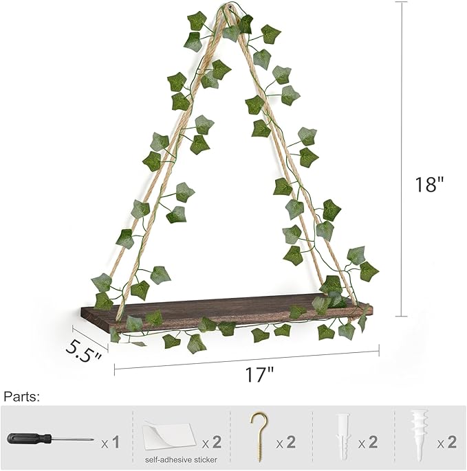 Mkono Artificial Ivy Macrame Hanging Shelves with Lights Set of 2 Boho Wall Decor Display Plants Photos Wood Floating Storage Shelf for Bedroom Bathroom Living Room Nursery Dorm Kitchen