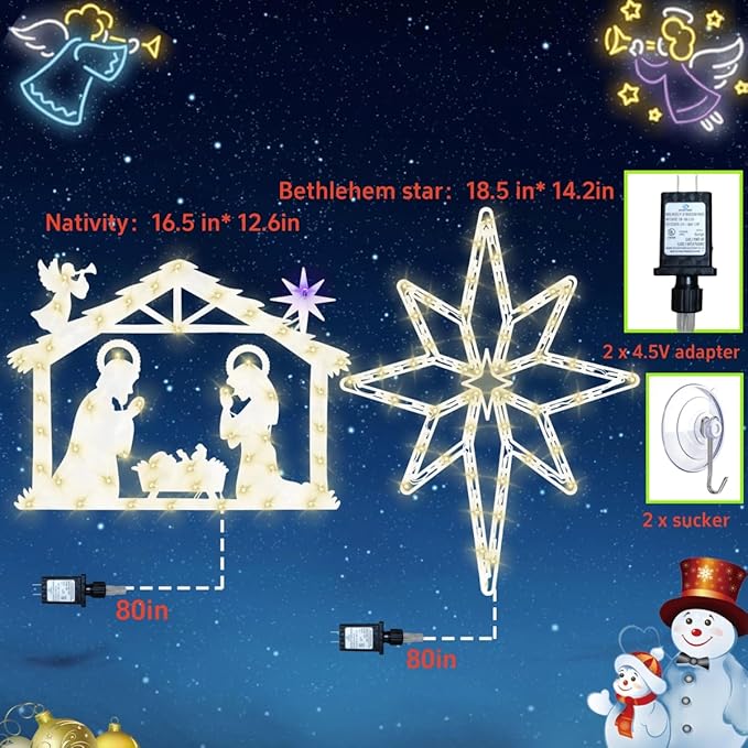 Christmas Decorations 17" Christmas Window Silhouette Lights Decorations - 2 Pack Nativity Scene with Lights & Lighted Bethlehem Star for Holiday Indoor and Outdoor Wall Door Window Decorate