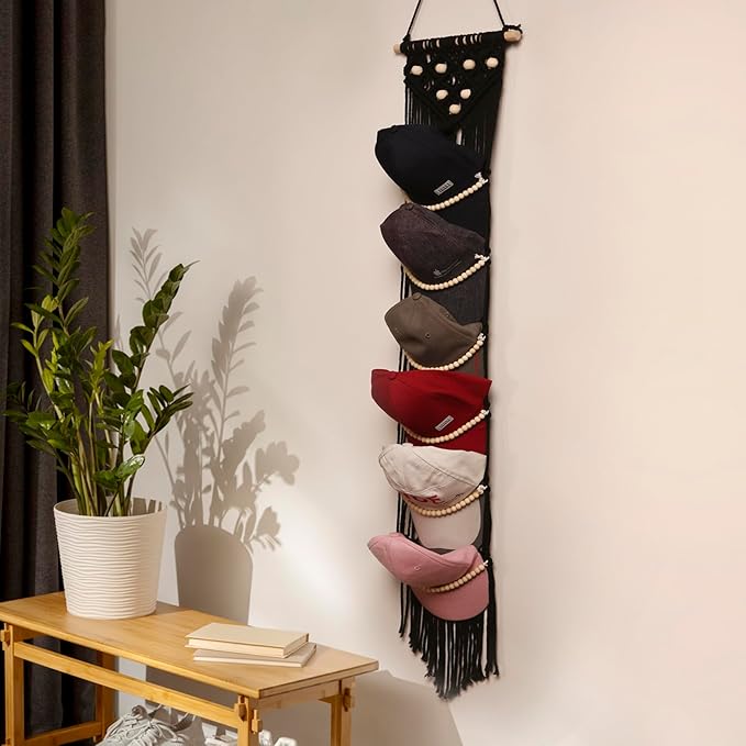 Ball Cap Hanger-1 Pack-Boho Macrame Cap Holder Wall Hat Organizer for Baseball Cap Holder Over Door, Hat Rack for Wall, Cap Rack for Decoration and Display(Black