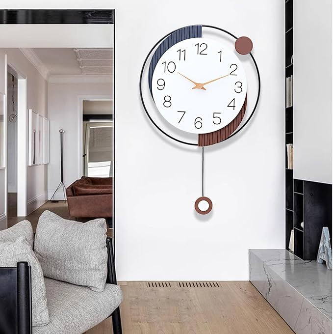 Decorative Silent Quartz Wall Clock with Pendulum, Battery Operated, Large 13x20 inch for Living Room, Kitchen, Home, Bathroom, Bedroom Wall Decor