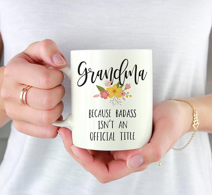 Andaz Press 11oz. Coffee Mug Gag Gift, Grandma Because Badass Isn't an Official Title, Floral Graphic, 1-Pack