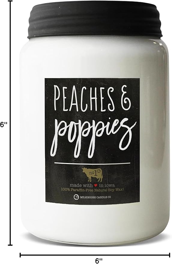 Milkhouse Candle Company, Peaches & Poppies, Farmhouse Collection, Scented Soy Candle, Mason Jar Candle, 26 Ounce