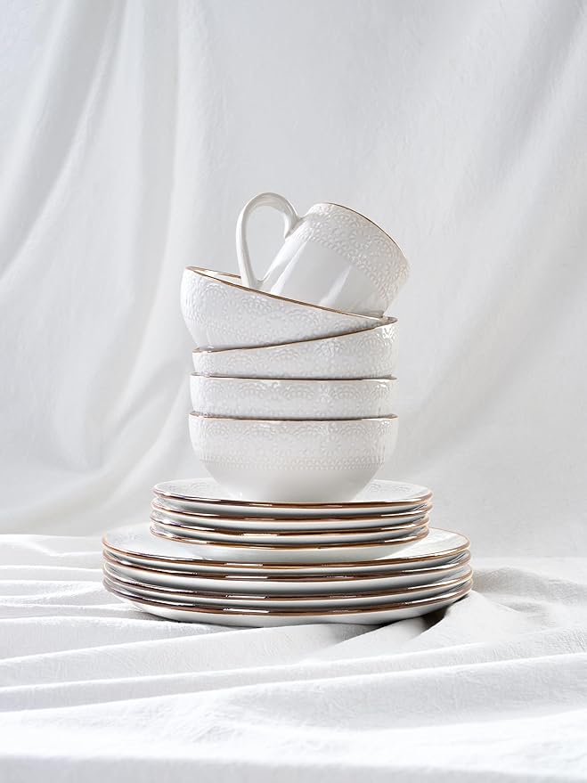 Famiware Eden Plates and Bowls Sets, Stoneware Dinnerware Sets with Gold Trim, 12 Pieces Dishes Set for 4 - Chip and Scratch Resistant, Microwave and Dishwasher Safe, White Floral