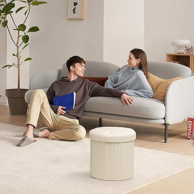 Bsketa® Ottoman with Storage, Foot Rest Stool with Thicker Foam Padded Seat Leather Small Round 14“ x 14” x 13 "Inchs Storage Ottoman Bench for Living Room Foldable Pouf Coffee Table 2 Pack,Beige