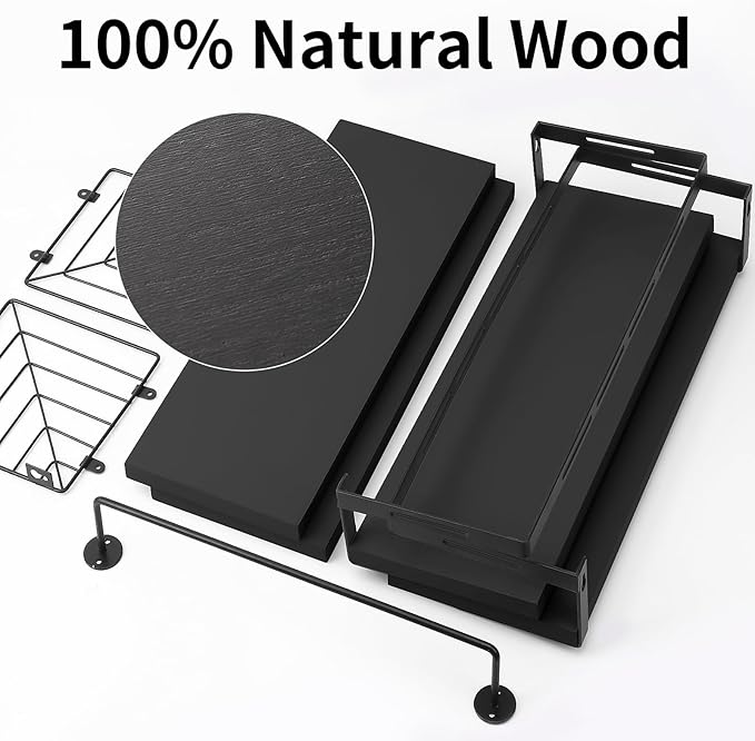 Fixwal 3+1 Tier Wall Mounted Bathroom Shelves Over Toilet, Rustic Wood Floating Shelves with Metal Frame and Towel Bar for Bathroom, Kitchen, Bedroom, Living Room (Black)