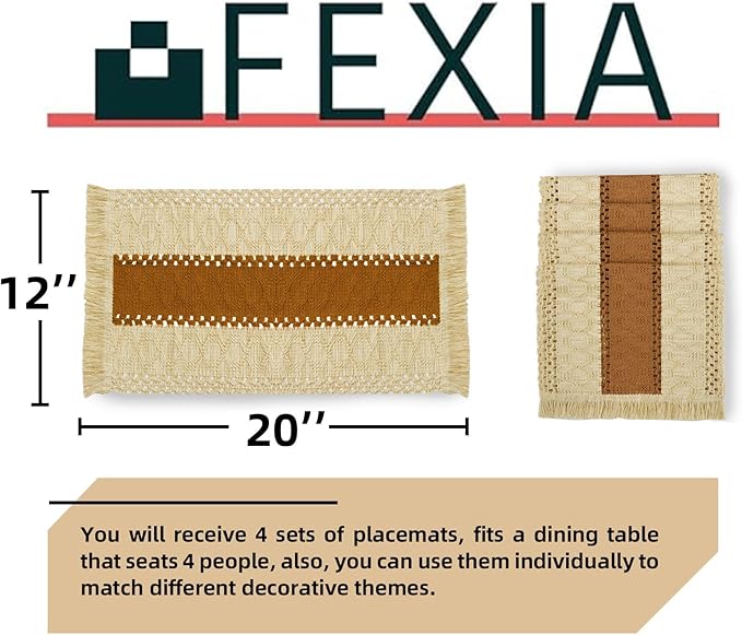 FEXIA Boho Placemats Set of 4, Macrame Table Decor and Farmhouse Style Placemats Natural Cotton Burlap, for Dining Table, Caramel