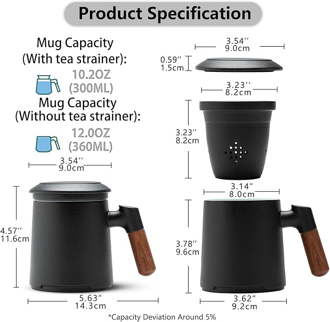 ZENS Tea Cup with Infuser and Lid for Loose Leaf Tea Steeper, 12oz Black Tea Mug with Fine Tea Strainers for Hot Tea Diffusers, Wood Handle Ceramic Tea Mugs Accessories for Tea Lovers Gifts