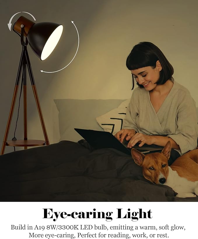 ELYONA Dimmable Tripod Floor Lamp with Table, Wood Standing Lamp with Adjustable Metal Shade, Modern End Table with Reading Light for Livingroom, Bedroom, Office, LED Bulb Included, Black & Brown