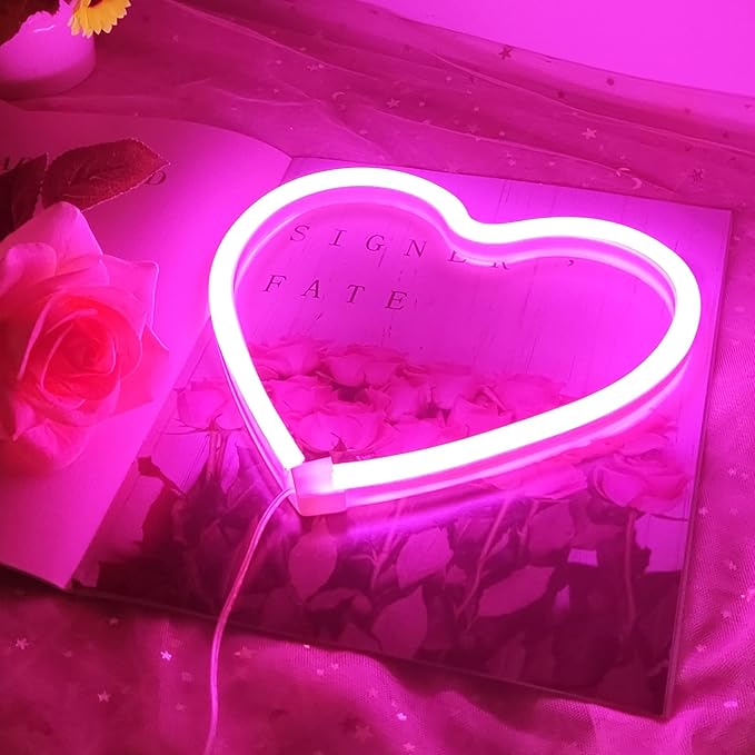 Pink Heart Neon Sign for Valentine's Day, Led Light 8.78.7 Inch Battery or USB Powered Romantic Love Lamp for Bedroom Wall Decor Art Kids Girl Room Wedding Party