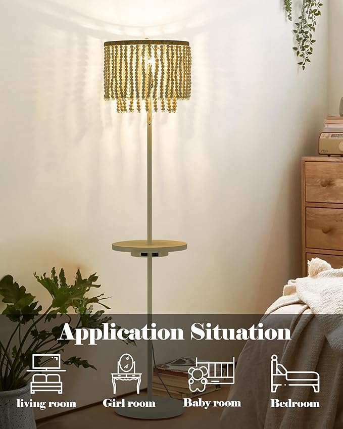 ELYONA Boho Standing Light Birch Wood Beaded Table Floor Lamp with USB Type-C Charging Ports and Outlet, 58" Tall Reading Lamp, Side Table Lamp for Farmhouse Bedroom Livingroom Girl Room, White