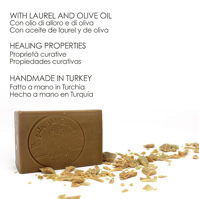 LYNPHA VITALE Aleppo Soap Bar with Olive Oil and 70% of Laurel Oil – Handmade Soap for Sensitive Skins, Original Recipe - 100% Natural and Biodegradable - 1x4,41 oz