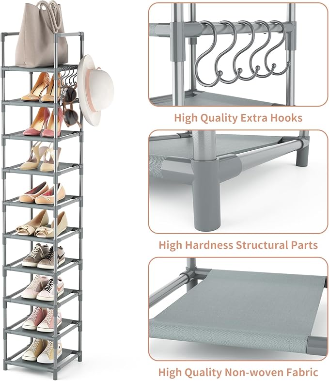 Narrow Shoe Rack 10-Tier Tall Shoe Organizer Skinny Shoe Shelf Storage for 10-15 Pairs Shoe and Boot, Space Saving Corner Shoe Rack Organizer for Closet, Entryway, Living Room, Grey