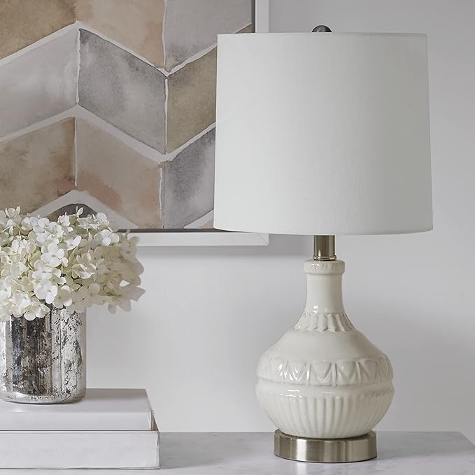 510 DESIGN Gypsy Ceramic Table Lamps for Bedroom, Nightstand Light with Cotton Blend Fabric Shade, Rotary Switch, 72" Corded, 60W, Transitional, Farm House, Used at Desk Side, Living Space - White